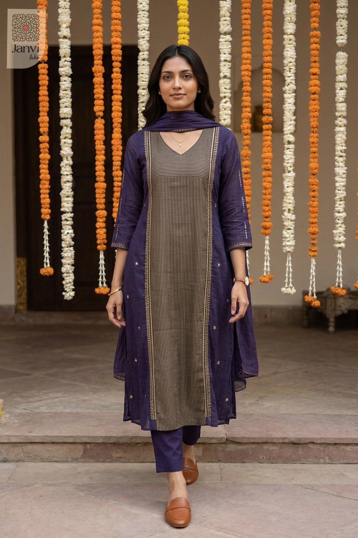 Astral Pinstripe Star Motif V Neck Anarkali