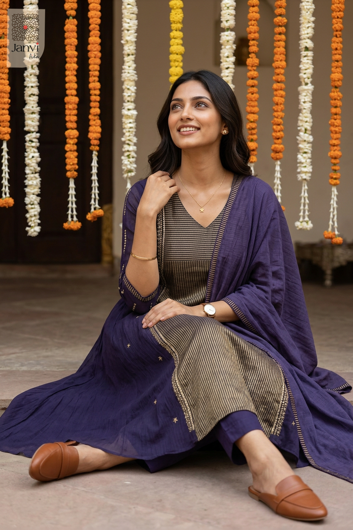 Astral Pinstripe Star Motif V Neck Anarkali