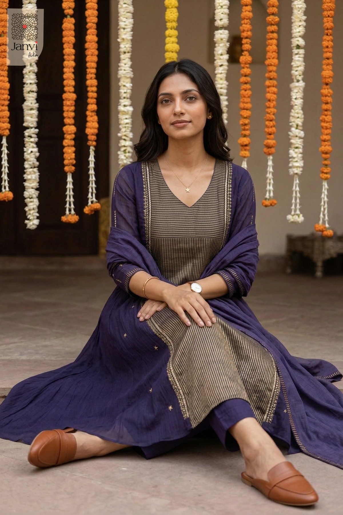 Astral Pinstripe Star Motif V Neck Anarkali