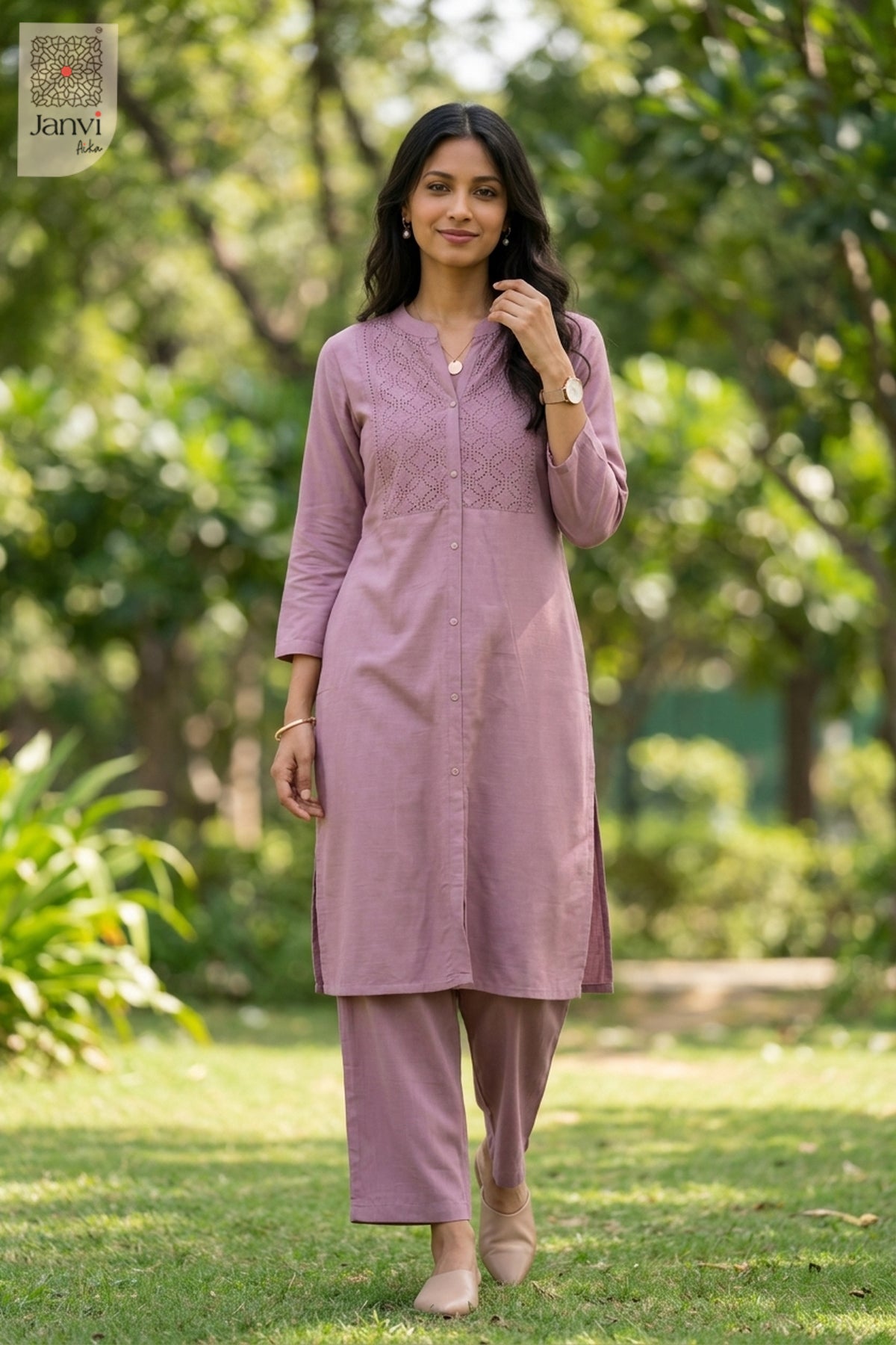 Standing front view of Beauty Mridula in dark pink from the 2 piece outfits for ladies collection.