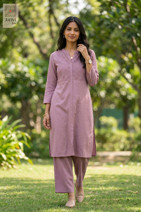 Standing front view of Beauty Mridula in dark pink from the 2 piece outfits for ladies collection.