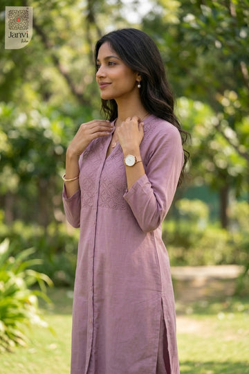 Three-quarter view of Beauty Mridula from the 2 piece outfits for ladies range with elbow sleeves.