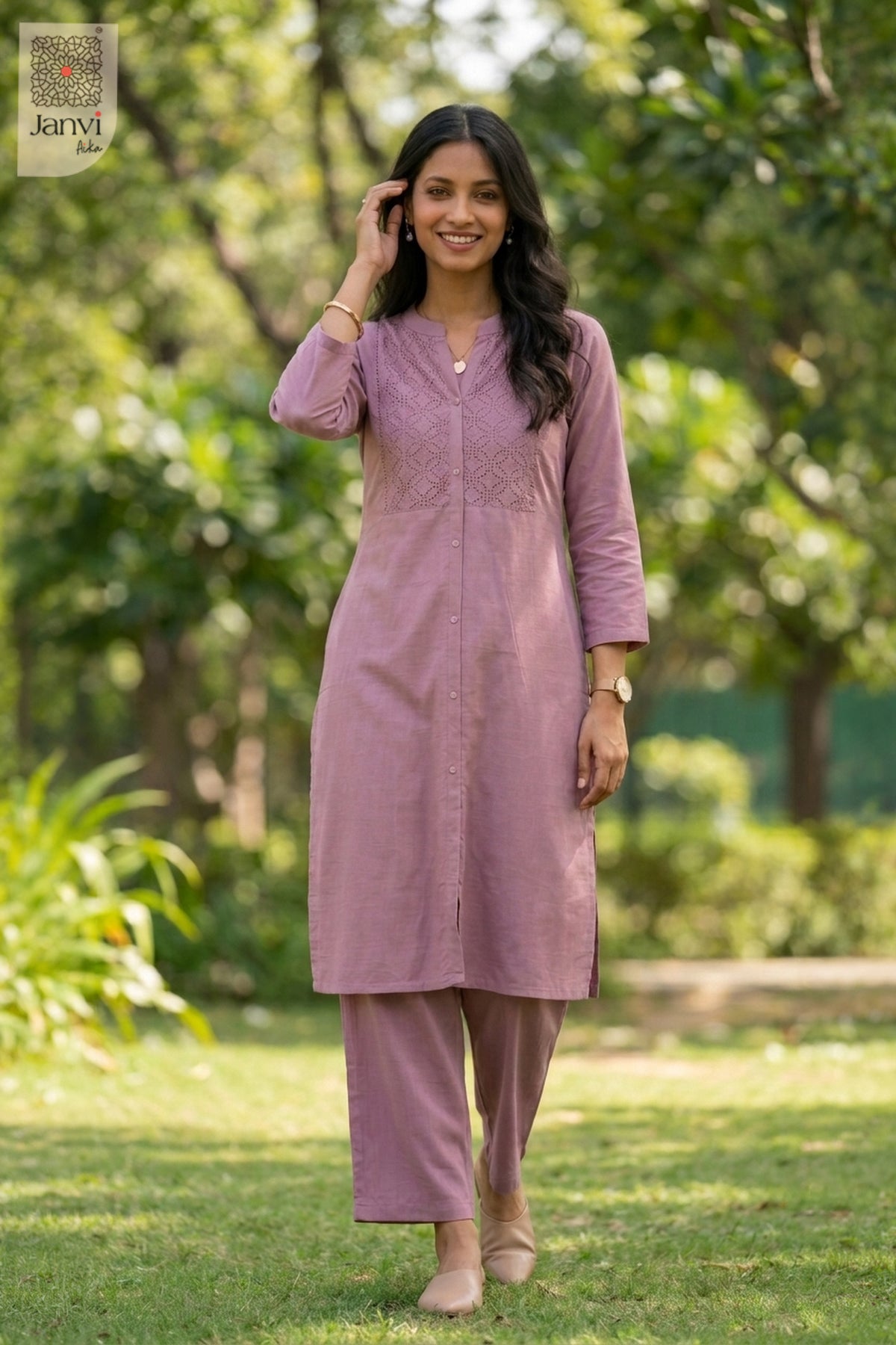 Full front pose of Beauty Mridula in dark pink from the 2 piece outfits for ladies collection.
