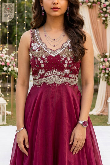 Close-up of bodice and embroidery of Berry Bloom for online clothes shopping websites.