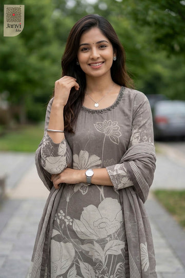 Close-up of bodice and embroidery of Blossom Taupe Chic Set for women's black dresses with sleeves.