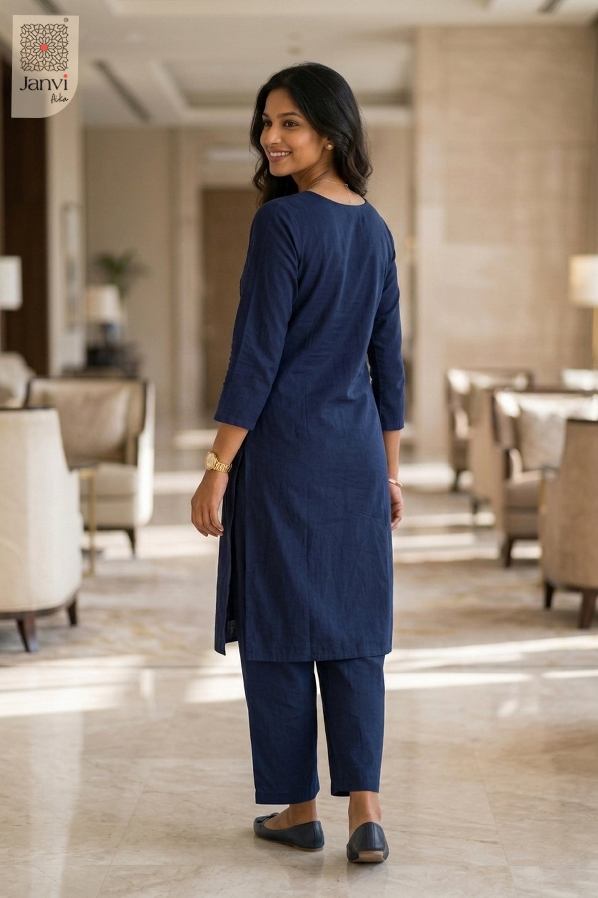 Back view of Blue Majesty in royal blue cotton from the 2 piece outfits for ladies range.