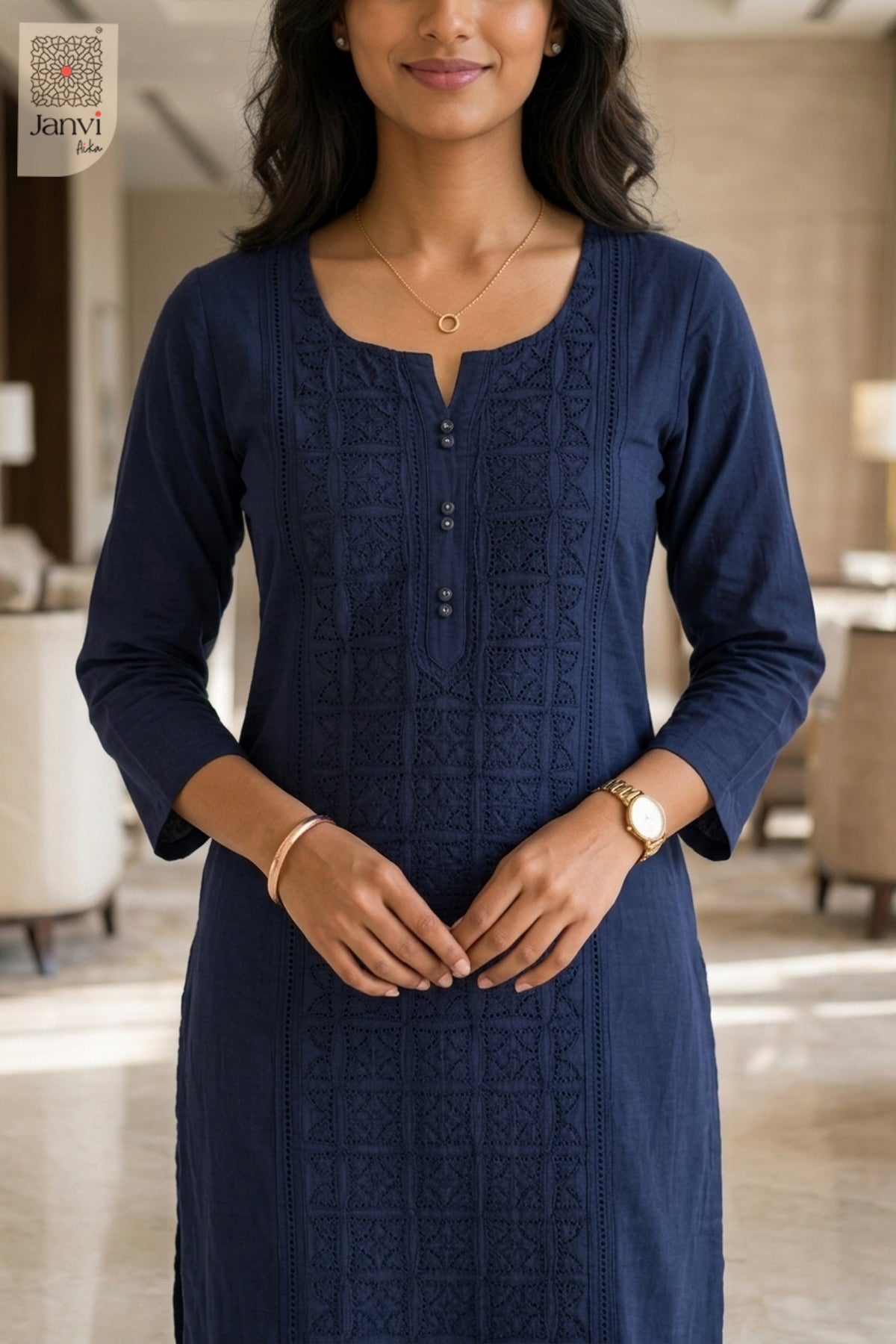 Front close-up of Blue Majesty from the 2 piece outfits for ladies range with tonal embroidery.
