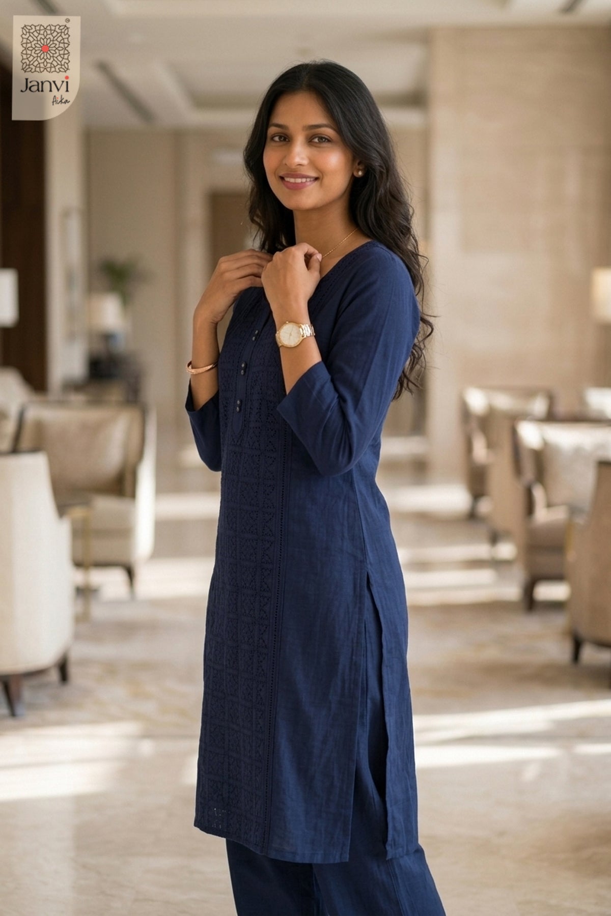 Side view of Blue Majesty from the 2 piece outfits for ladies range with elbow sleeves.