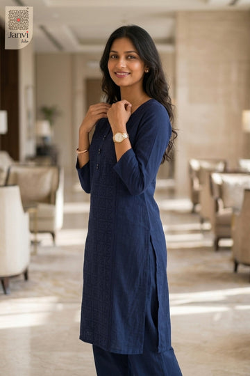 Side view of Blue Majesty from the 2 piece outfits for ladies range with elbow sleeves.