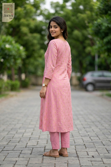 Front angled view of the flared silhouette of Blush Chic Top for simple party wear dress for ladies.