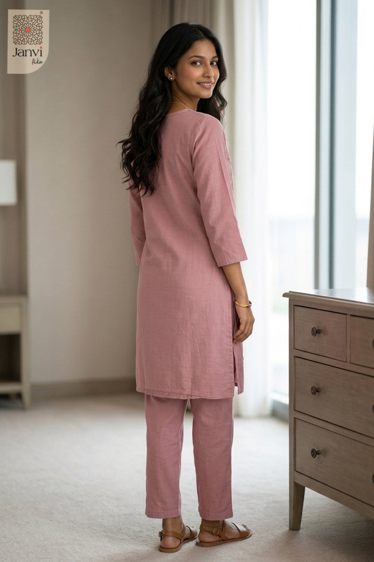 Back view of Blush Harmony in light pink mulmul cotton from the 2 piece outfits for ladies range.