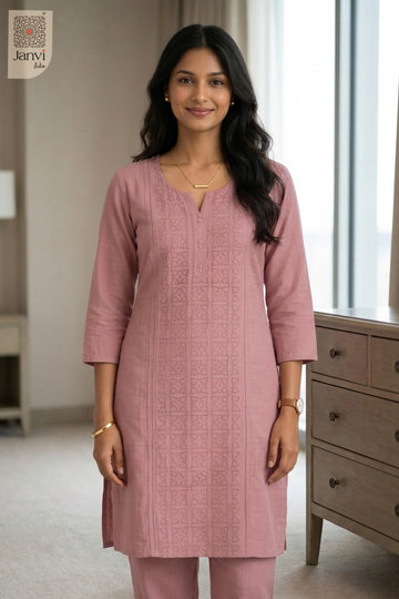 Front close-up of Blush Harmony from the 2 piece outfits for ladies range and tonal embroidery.