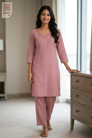 Standing front view of Blush Harmony in light pink from the 2 piece outfits for ladies collection.