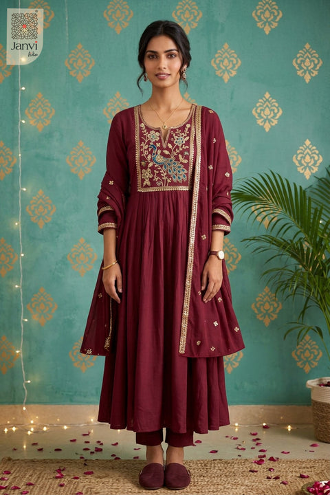 Berry Couture Peacock Embroidered Notch Neck Anarkali