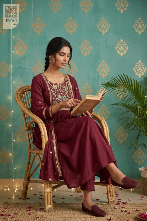 Berry Couture Peacock Embroidered Notch Neck Anarkali