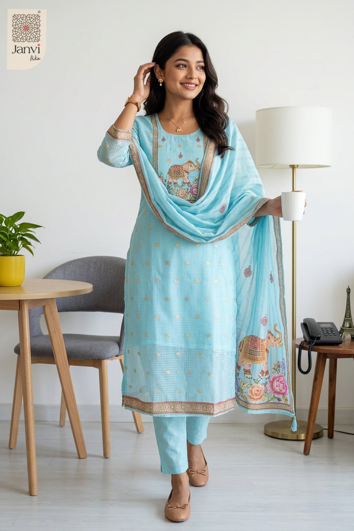 Blue Blossom Elephant Embroidered Kurta