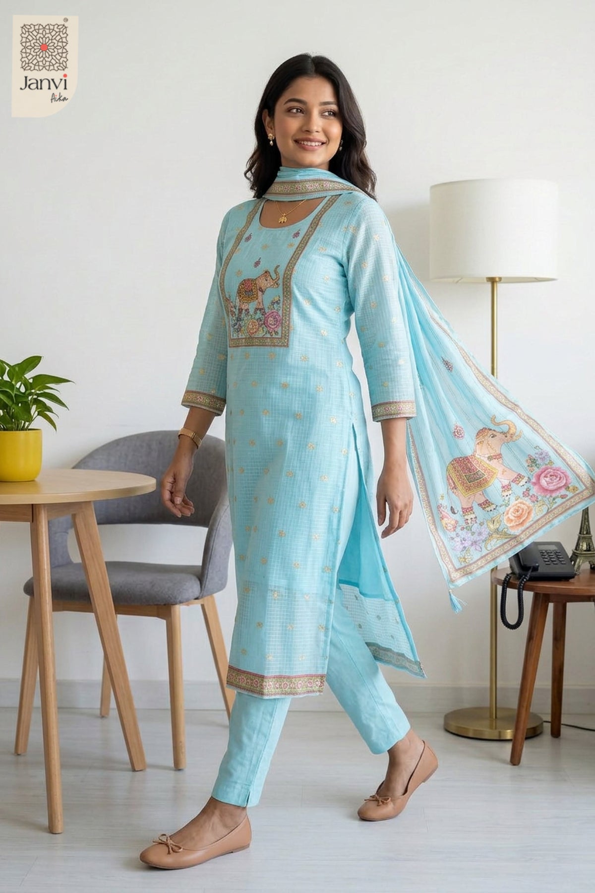 Blue Blossom Elephant Embroidered Kurta