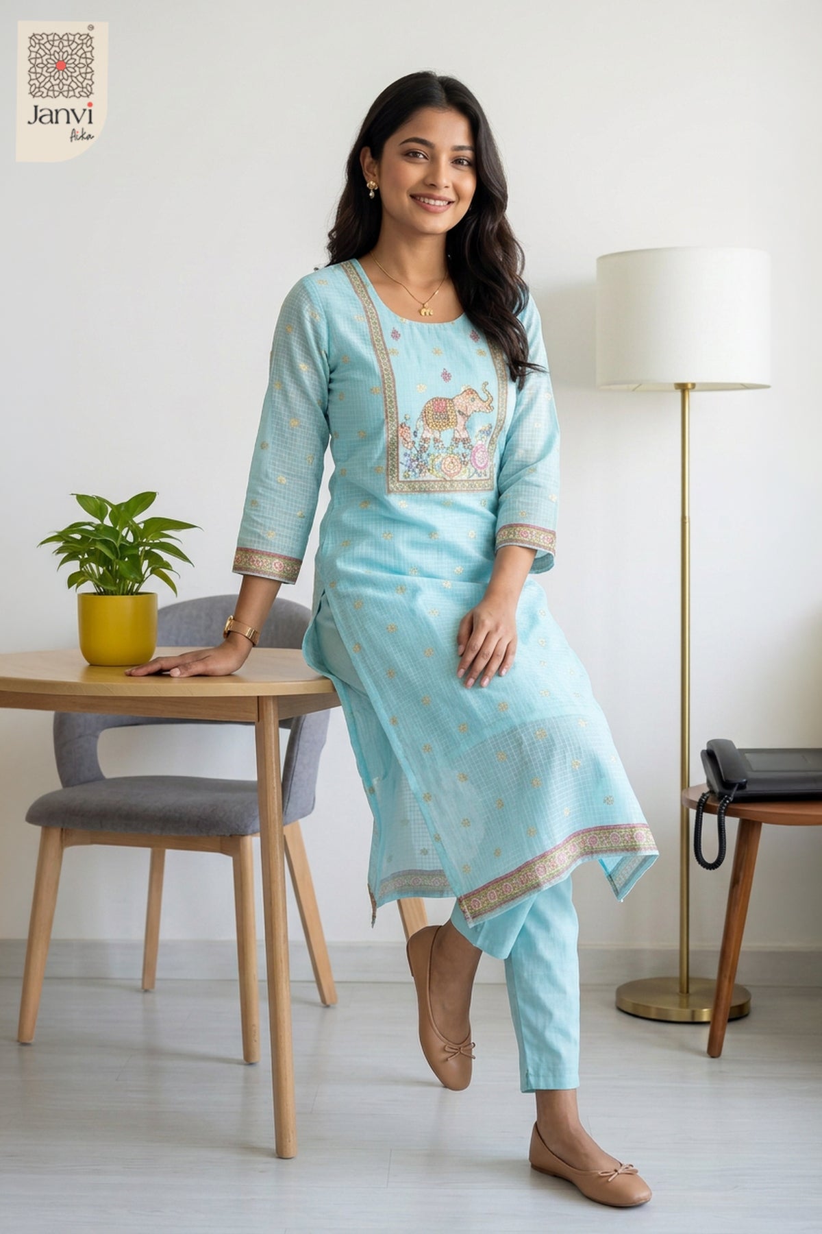 Blue Blossom Elephant Embroidered Kurta