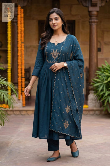 Teal blue festive long anarkali dress with dupatta featuring scalloped gold border.