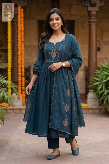 Full sequence outdoor pose in an elegant teal blue festive anarkali lehenga dress.