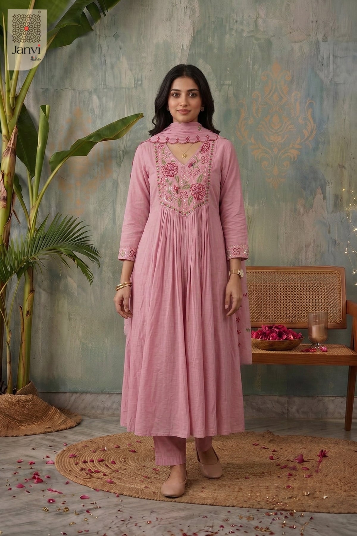 Blush Petal Rosette Reverie Anarkali
