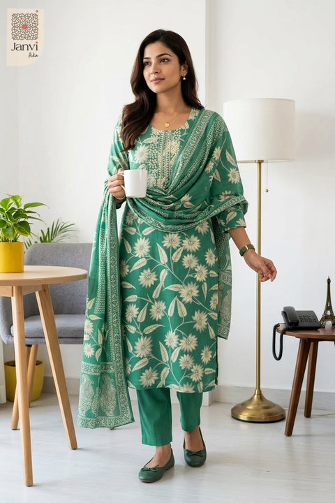 Cozy lifestyle portrait holding a coffee mug in an elegant printed party wear churidar.