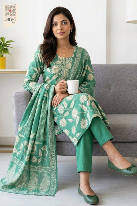 Tailored botanical festive ensemble preview showcasing a premium churidar set readymade.