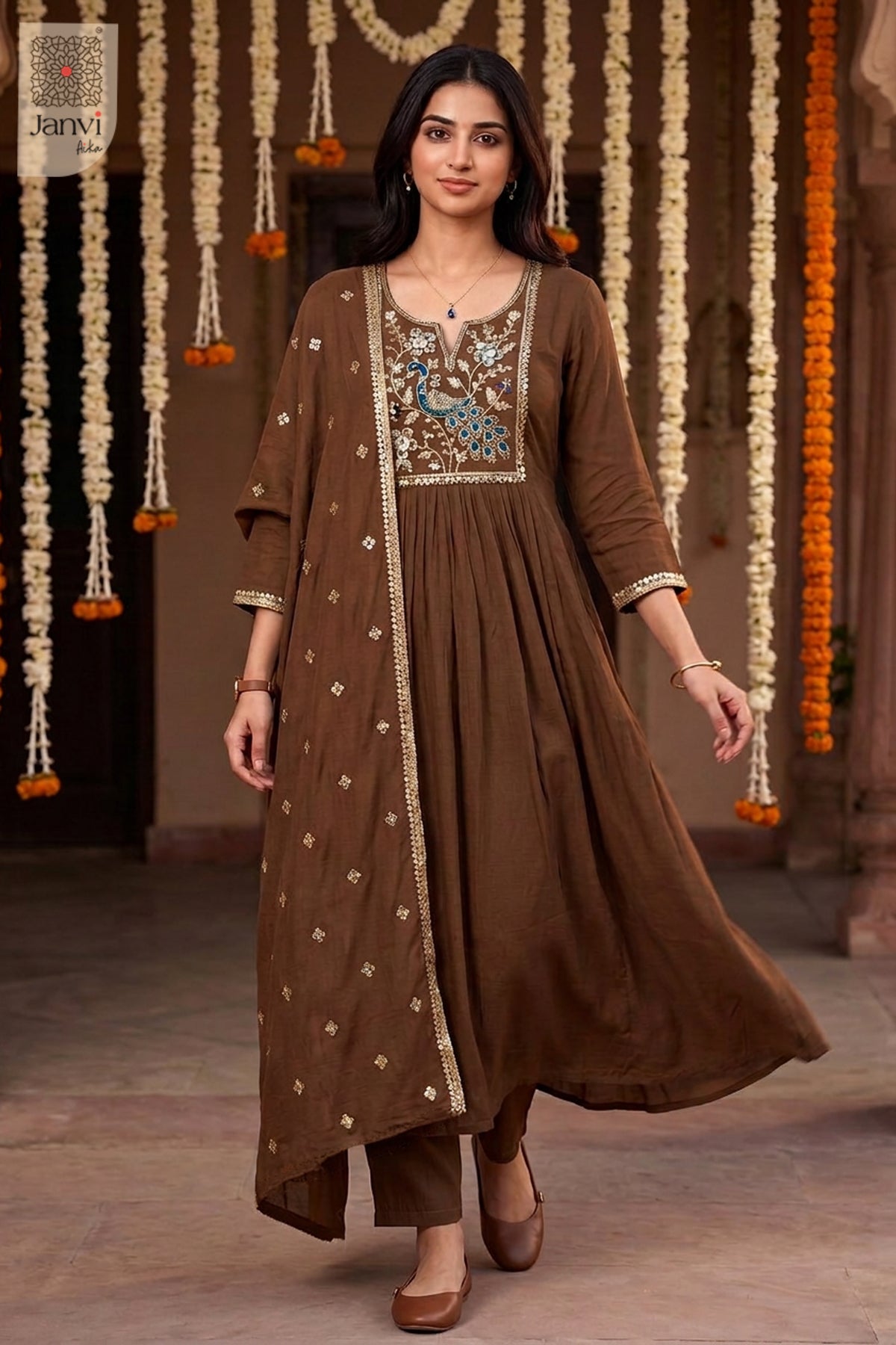 Bronze Peacock Cutdana Notch Neck Anarkali
