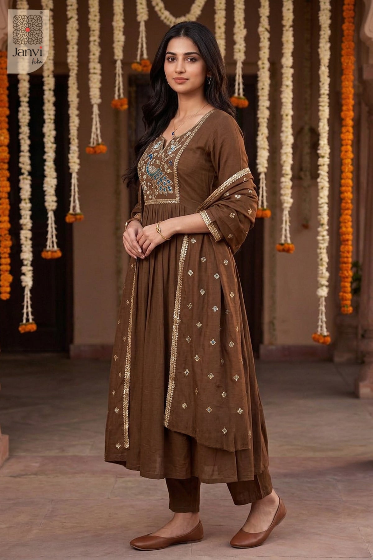 Bronze Peacock Cutdana Notch Neck Anarkali