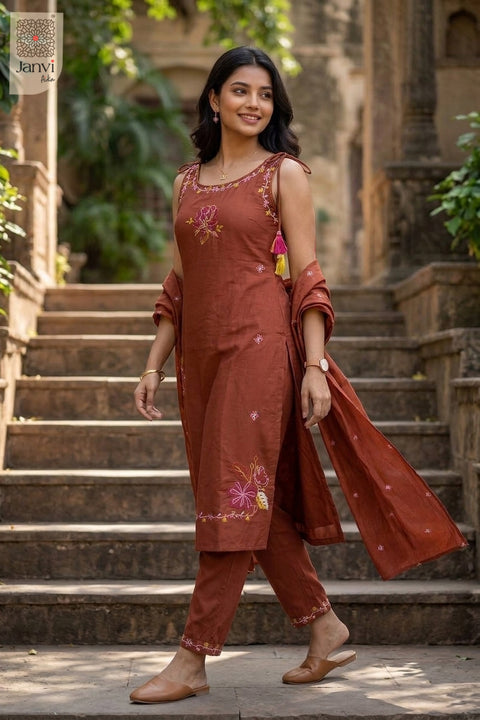 Burnt Sienna Wildflower Embroidered Kurta