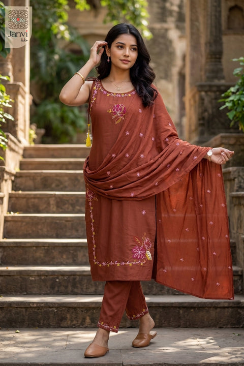 Burnt Sienna Wildflower Embroidered Kurta