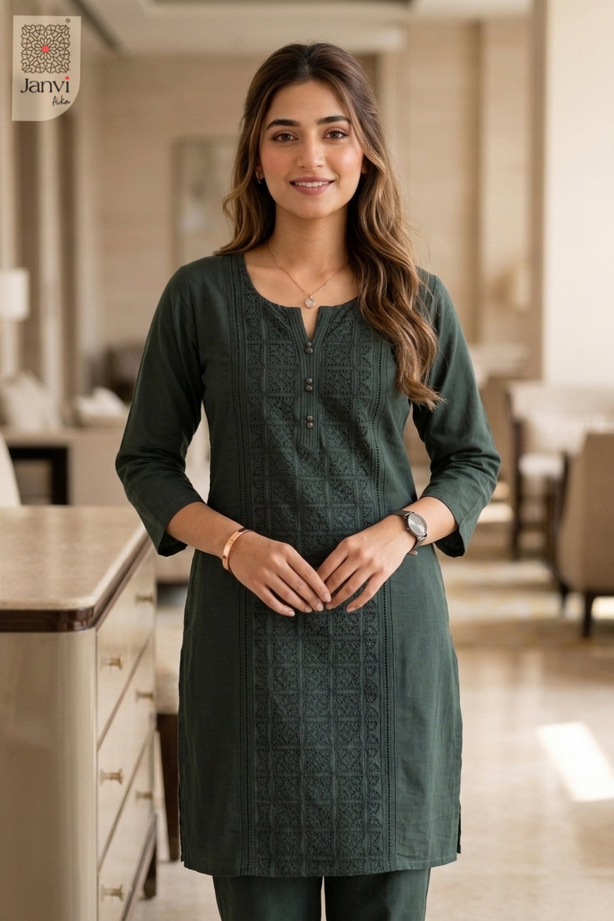 Front close-up of Cedar Charm from the 2 piece outfits for ladies range and tonal embroidery.