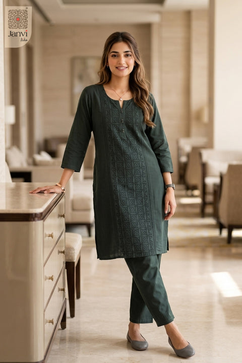Standing front view of Cedar Charm in dark green from the 2 piece outfits for ladies collection.