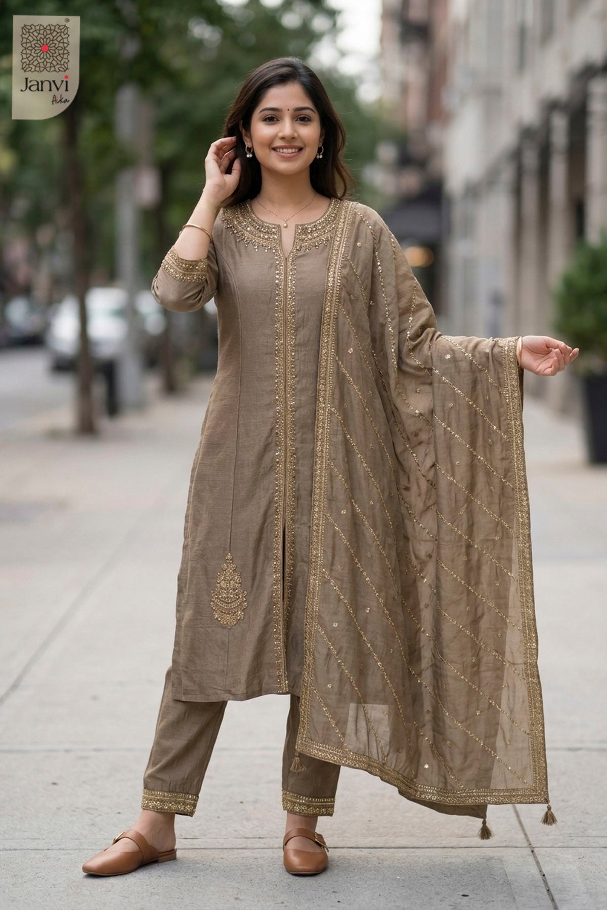 Front full view of Champagne Shimmer showcasing style for best online boutiques for dresses.