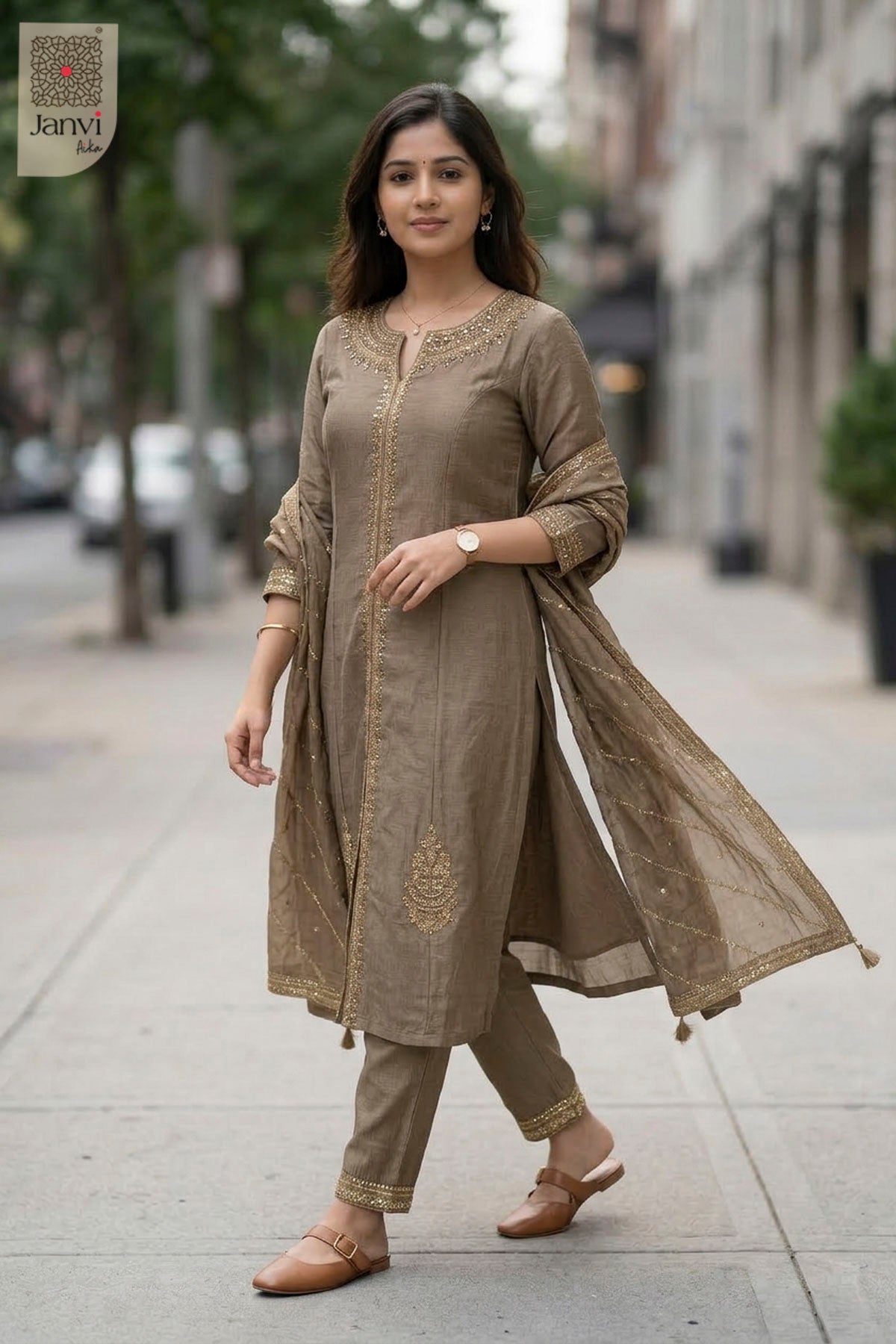 Waist-up front view of Champagne Shimmer presenting style for long anarkali dress with dupatta.