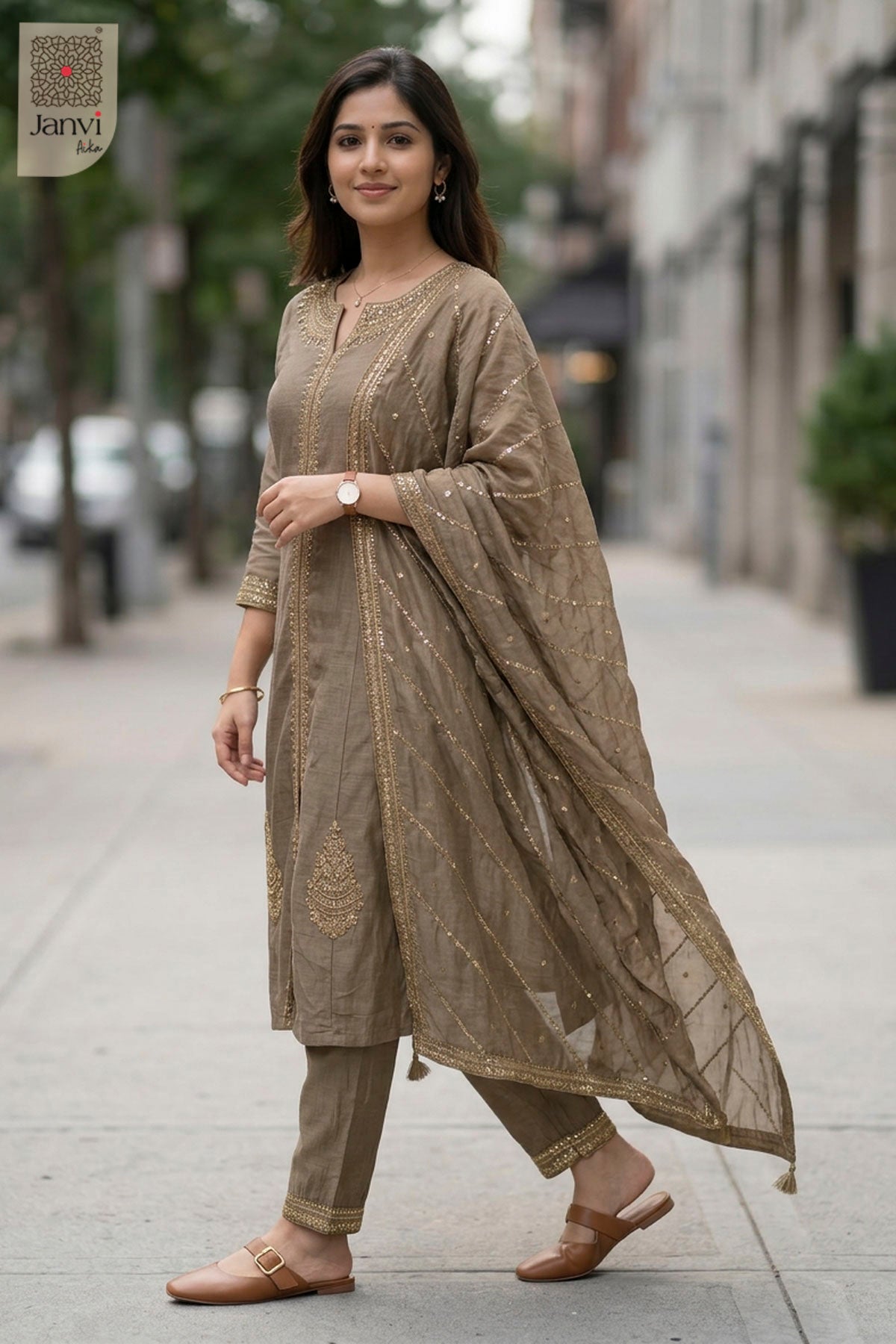 Side profile view of Champagne Shimmer showcasing design for readymade party wear suits online.