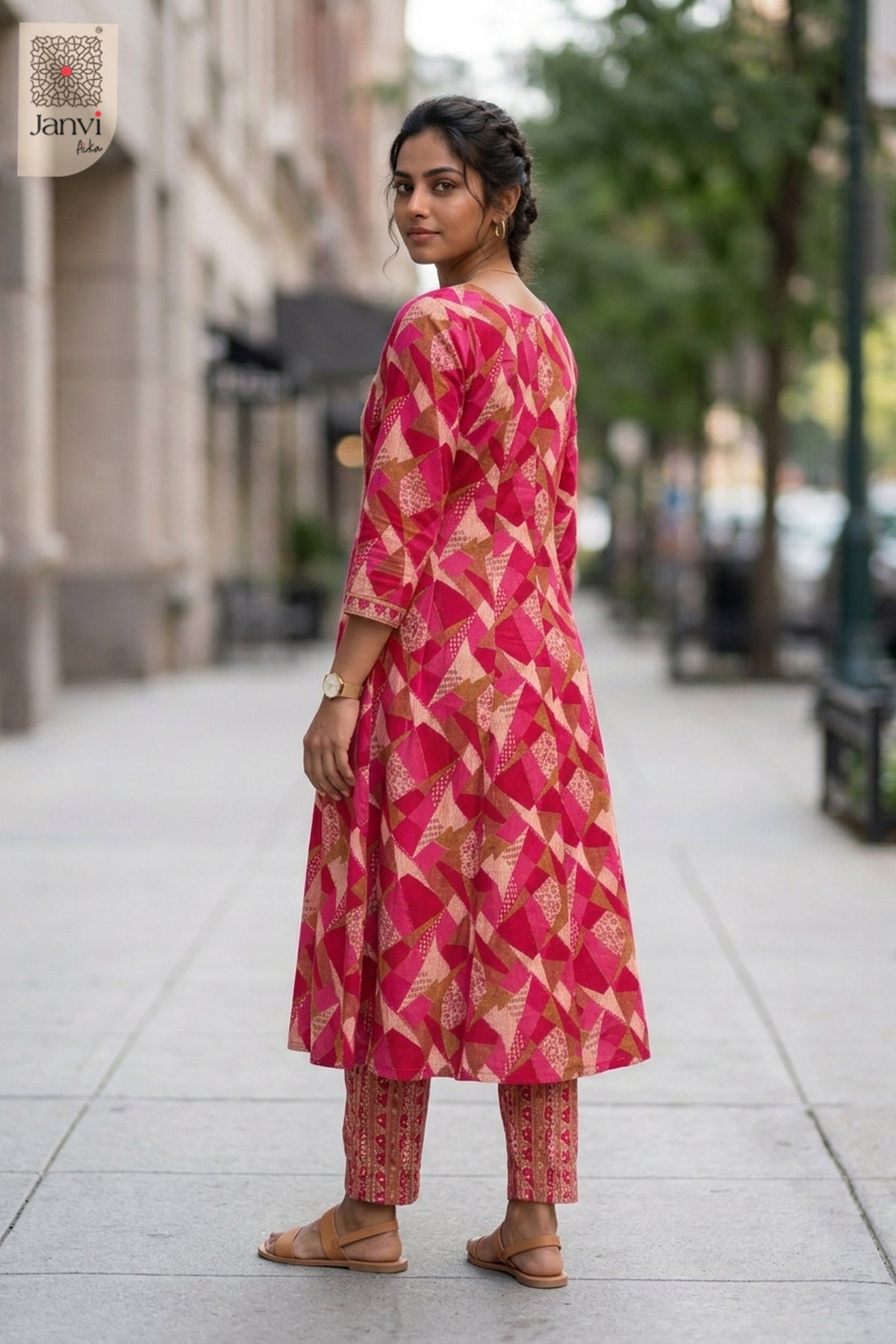 Front angled view of the flared silhouette of Cherry Chevron for women's clothing stores near me.