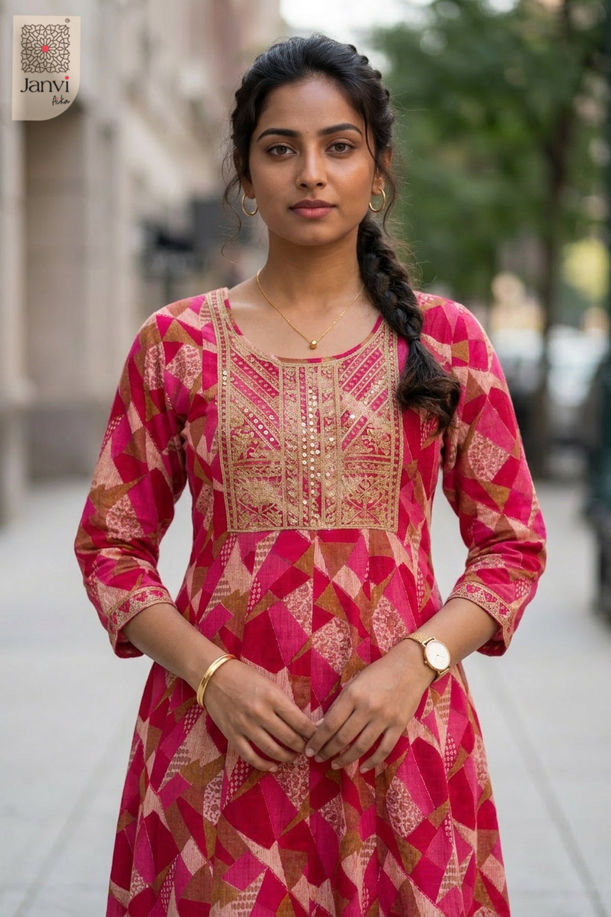 Close-up of bodice and embroidery of Cherry Chevron for indo western dresses for female.