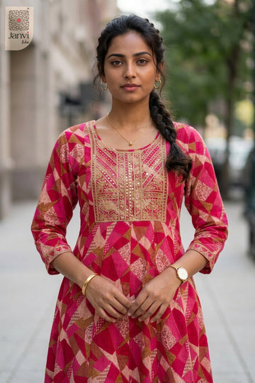Close-up of bodice and embroidery of Cherry Chevron for indo western dresses for female.