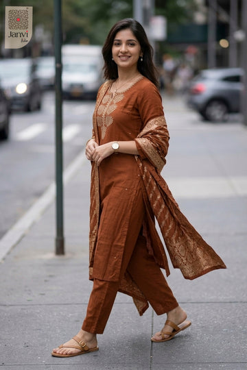 Back view showing neckline styling of Copper Leaf for short kurtis to wear with jeans.