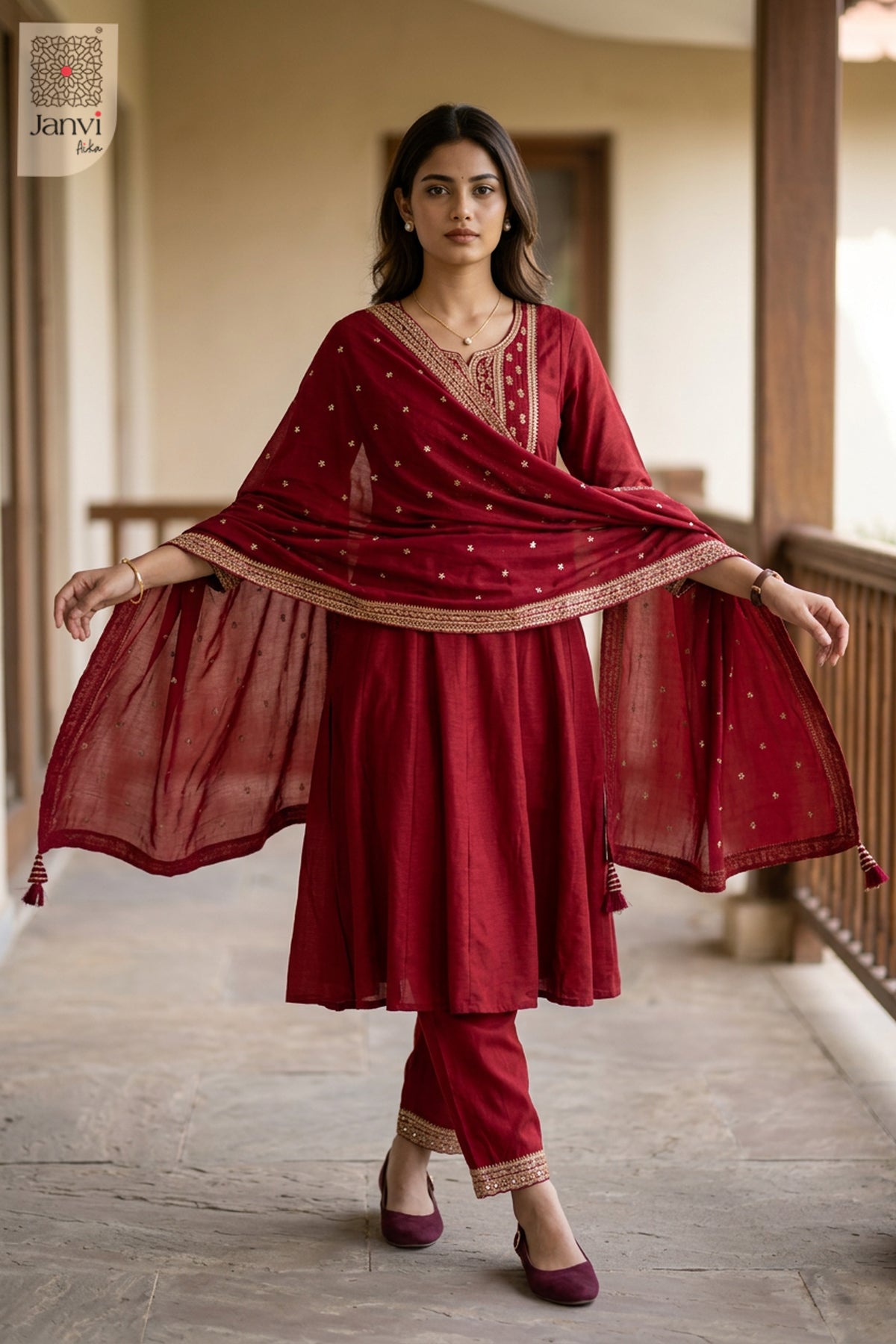 Waist-up front view of Crimson Naaz presenting style for black traditional dress for women.