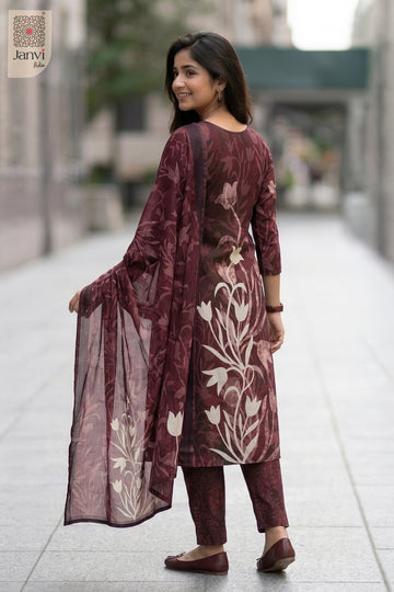 Back view showing neckline styling of Crimson Tulip for silk traditional dress for women.