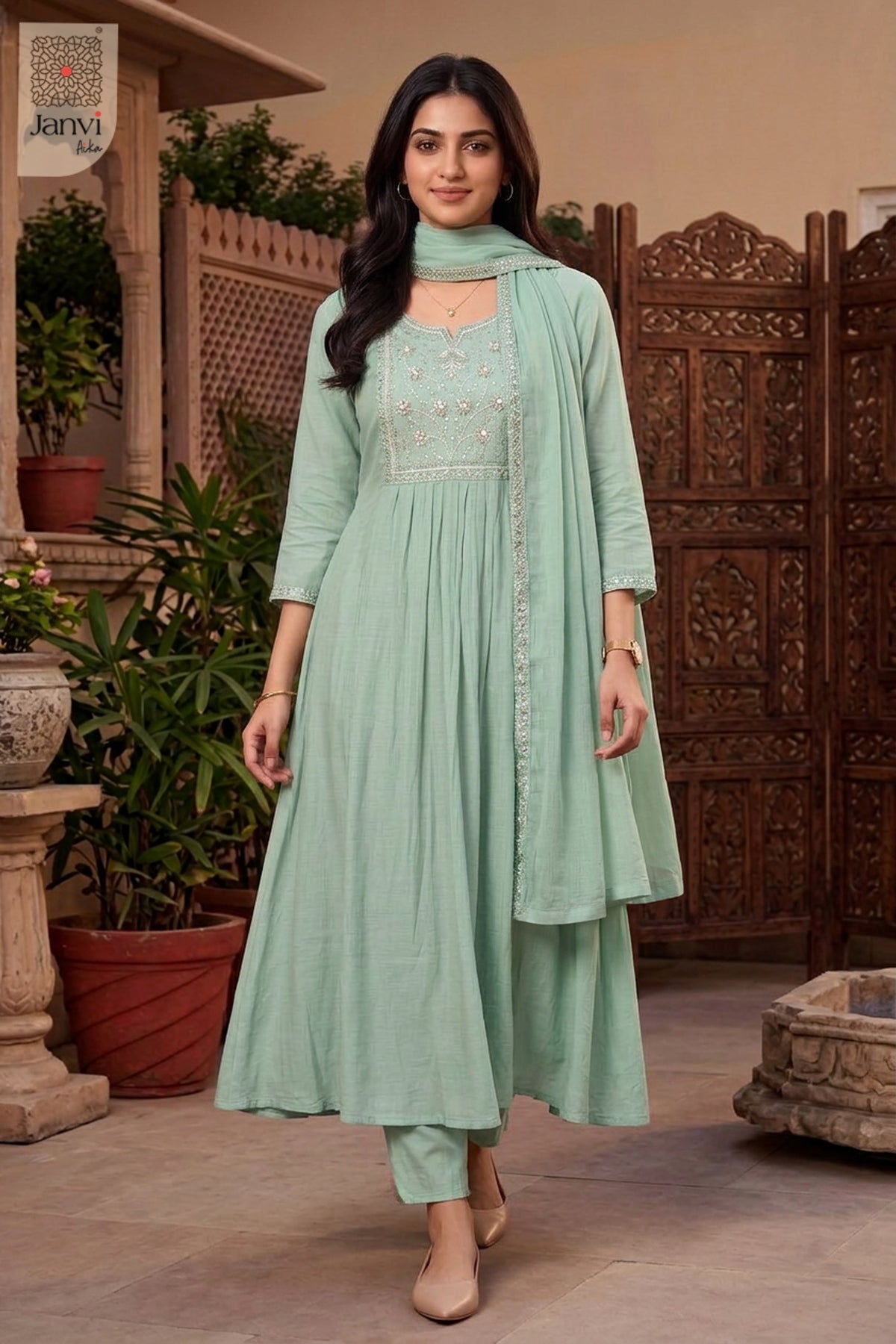 Celadon Dabka Floral Notch Neck Anarkali