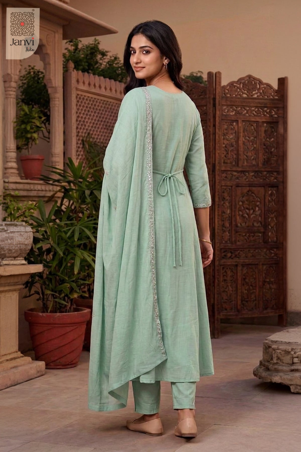 Celadon Dabka Floral Notch Neck Anarkali