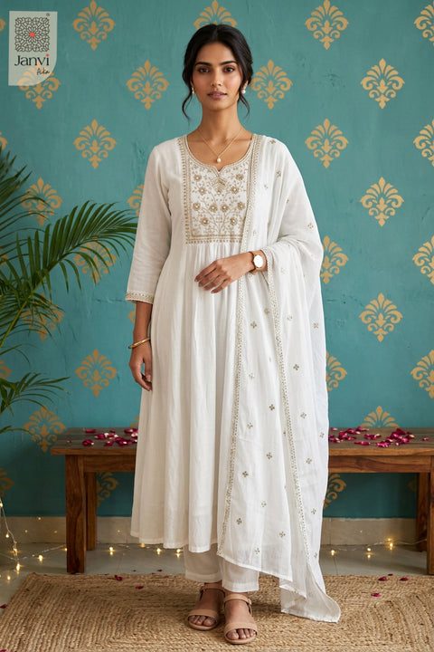 Champagne Rosette Threadwork Notch Neck Anarkali