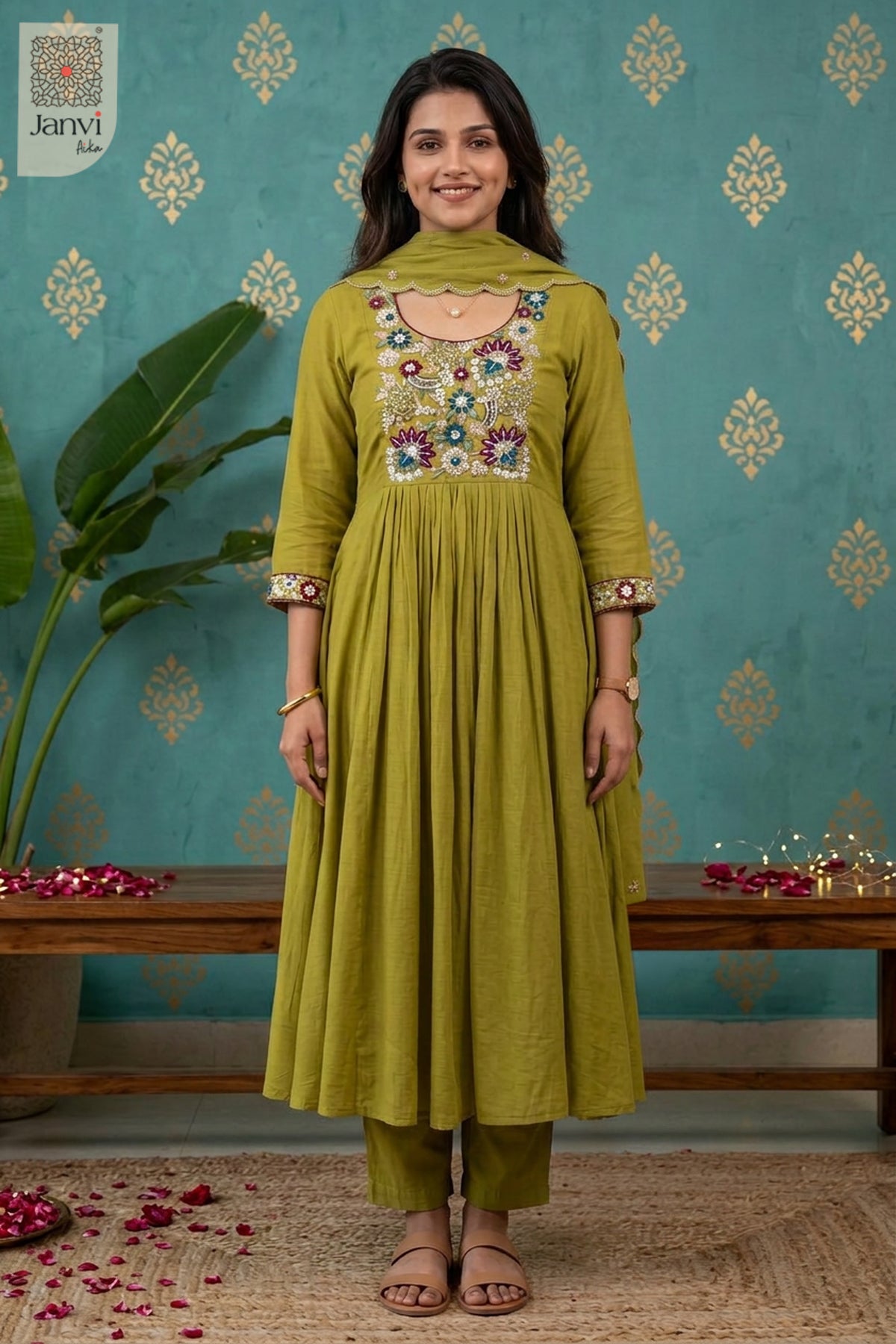 Chartreuse Jewel Meadow Beadwork Round Neck