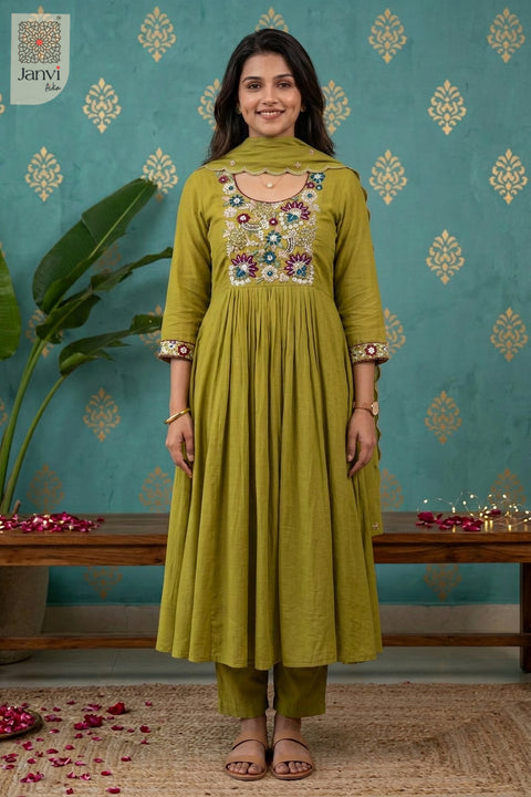 Chartreuse Jewel Meadow Beadwork Round Neck