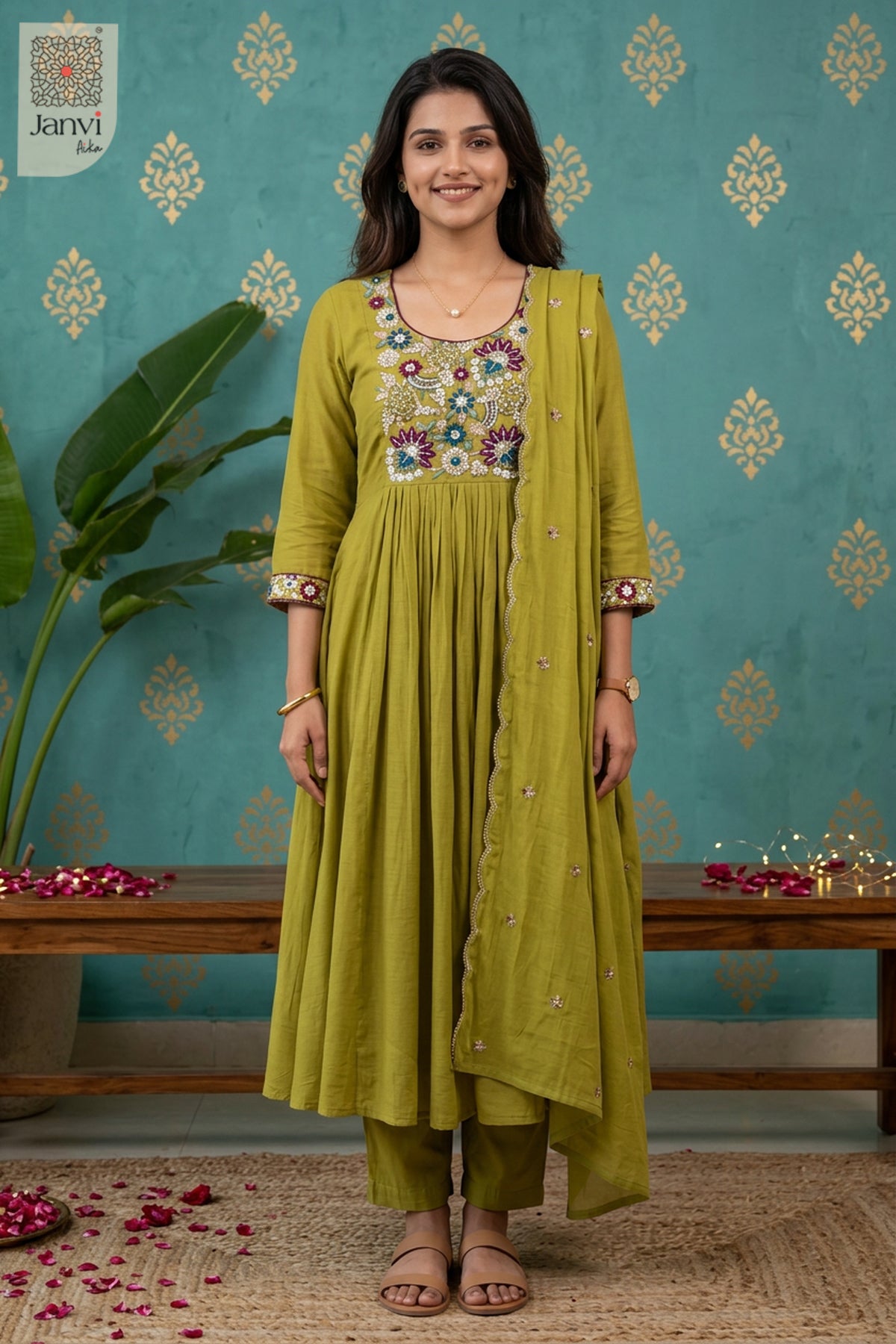 Chartreuse Jewel Meadow Beadwork Round Neck