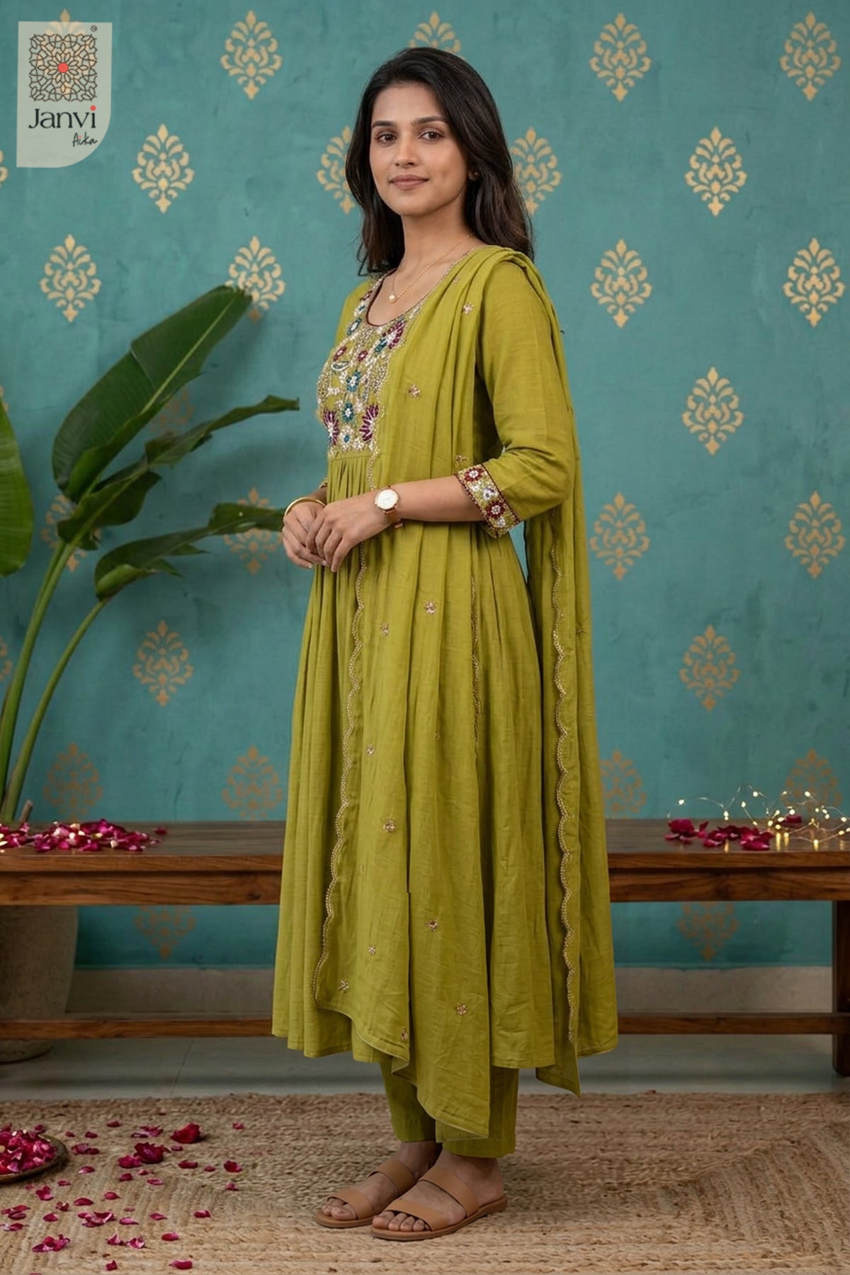 Chartreuse Jewel Meadow Beadwork Round Neck
