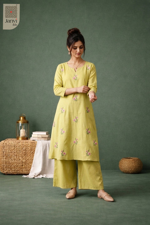 Chartreuse Rose Garden Embroidered Kurta